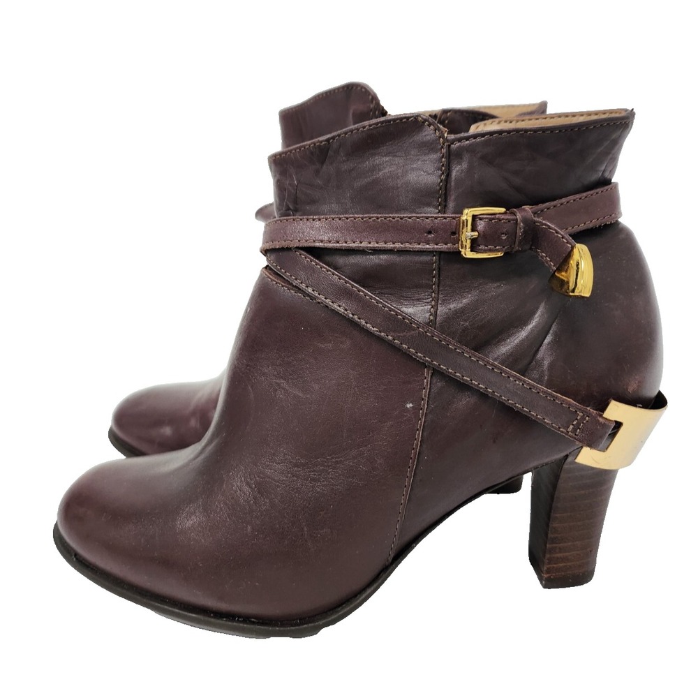 Neiman Marcus Womens Taylor Bootie Size 35 Brown Leather Heeled Buckle Zip Up